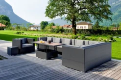 OUTFLEXX Loungemöbel-Set, Schwarz, Polyrattan, Für 8 Personen, Inkl. Loungetisch, Wasserfeste Kissenbox