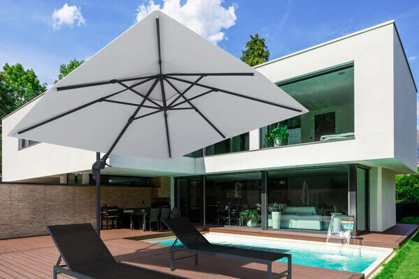 OUTFLEXX Ampelschirm, Creme, Pulverbesch. Aluminium, 300x300 Cm, Inkl. Plattenständer, Twist-Funktion 2 OUTFLEXX Ampelschirm, Creme, Pulverbesch. Aluminium, 300x300 Cm, Inkl. Plattenständer, Twist-Funktion – Bild 2