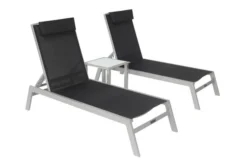 VILLANA 2er-Set Sonnenliegen, Silber/schwarz, Alu/Textil, 198x66x32cm, Mit Beistelltisch 45x45cm