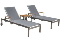OUTFLEXX 2er-Set Sonnenliegen, Silber, Edelstahl/Teak, 195,5x74x35cm, Mit Beistelltisch 45x45cm