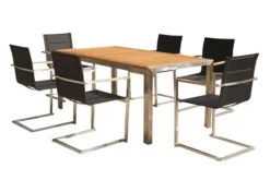 OUTFLEXX Sitzgruppe, Schwarz, Edelstahl/Teak, Esstisch 200 X 90 Cm, 6 Stapelstühle Gepolstert