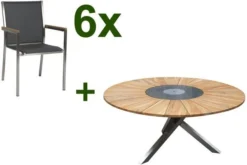 STERN Polaris Esstischgruppe, Silbergrau, Edelstahl/FSC-Teak, Tisch Ø 170 Cm, 6 Stapelsessel