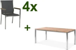 STERN Polaris Esstischgruppe, Silbergrau, Edelstahl/recycled Teak, Tisch 180 X 90 Cm, 4 Stapelsessel