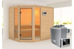 KARIBU Massivholzsauna Sinai 3, Fichtenholz 40mm, Eckeinstieg, Ca. 2m²