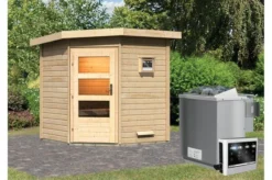 KARIBU Saunahaus Pekka, Fichtenholz 38mm, Eckeinstieg, Ca. 3,7m²