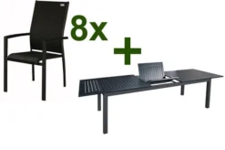 DOPPLER Expert Esstischgarnitur, Anthrazit/schwarz, Alu/Textilene, 8 Stapelsessel, 220-280x100cm