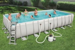 BESTWAY Power Steel Pool Mit Gestell, Grau, 732x366x132cm, Mit Sandfilteranlage, Leiter, Abdeckplane