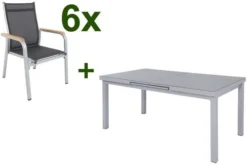 KETTLER Granada Esstischgarnitur, Silber, Alu/Textilene, Tisch 180/240x100cm, 6 Stapelsessel