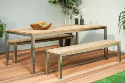 OUTFLEXX Esstischgarnitur, Edelstahl/recyceltes FSC-Teakholz, Tisch 180x90 Cm, 2 Bänke