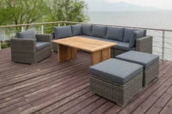 OUTFLEXX Loungegarnitur, Polyrattan/Teakholz, Tisch 160x90cm, Für 8 Personen, Wasserfeste Kissenbox