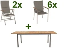 STERN Cardiff Esstischgruppe, Silber/taupe, Edelstahl/FSC-Teak, Tisch 180/240 X 100 Cm, 6 Stapel-, 2 Multipositionssessel