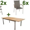 STERN Cardiff Esstischgruppe, Silber/taupe, Edelstahl/FSC-Teak, Tisch 200/300 X 100 Cm, 6 Stapel-, 2 Multipositionssessel