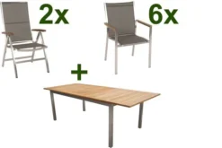 STERN Cardiff Esstischgruppe, Silber/taupe, Edelstahl/FSC-Teak, Tisch 200/300 X 100 Cm, 6 Stapel-, 2 Multipositionssessel