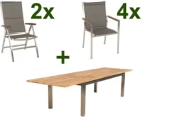 STERN Cardiff Esstischgruppe, Silber/taupe, Edelstahl/FSC-Teak, Tisch 220/340 X 100 Cm, 4 Stapel-, 2 Multipositionssessel