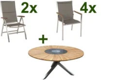 STERN Cardiff Esstischgruppe, Silber/taupe, Edelstahl/FSC-Teak, Tisch Ø 170 Cm, 4 Stapel-, 2 Multipositionssessel