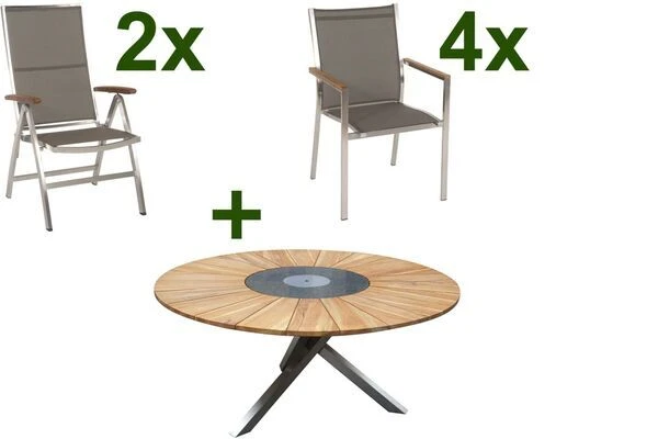 STERN Cardiff Esstischgruppe, Silber/taupe, Edelstahl/FSC-Teak, Tisch Ø 170 Cm, 4 Stapel-, 2 Multipositionssessel 1 STERN Cardiff Esstischgruppe, Silber/taupe, Edelstahl/FSC-Teak, Tisch Ø 170 Cm, 4 Stapel-, 2 Multipositionssessel