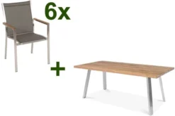 STERN Cardiff Esstischgruppe, Silber/taupe, Edelstahl/Teak, Tisch A-Gestell 200 X 100 Cm, 6 Stapelsessel