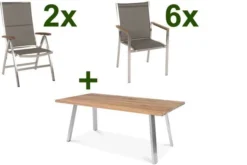 STERN Cardiff Set, Silber/taupe, Edelstahl/Teak, Tisch A-Gestell 200 X 100 Cm, 6 Stapel-, 2 Multipositionssessel