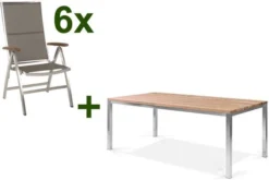STERN Cardiff Esstischgruppe, Silber/taupe, Edelstahl/Teak, Tisch 200 X 100 Cm, 6 Multipositionssessel