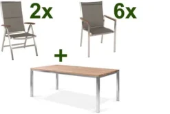 STERN Cardiff Esstischgruppe, Silber/taupe, Edelstahl/Teak, Tisch 200 X 100 Cm, 6 Stapel-, 2 Multipositionssessel