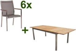 STERN Cardiff Esstischgruppe, Silber/silbergrau, Edelstahl/FSC-Teak, Tisch 200/300 X 100 Cm, 6 Stapelsessel