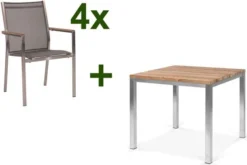 STERN Cardiff Esstischgruppe, Silber/silbergrau, Edelstahl/Teak, Tisch 90 X 90 Cm, 4 Stapelsessel
