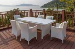 OUTFLEXX Dining Set, Weiß, Polyrattan, Tisch 200x95cm, Spraystone, 6mm, 6 Sessel