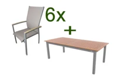 DOPPLER Expert Esstischgarnitur, Silber/Holzoptik/beige, Alu/Textilene, 6x Stapelsessel, 220-280x100 Cm