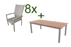 DOPPLER Expert Esstischgarnitur, Silber/Holzoptik/beige, Alu/Textilene, 8x Stapelsessel, 220-280x100 Cm