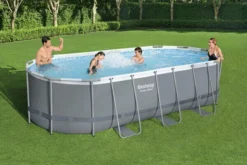 BESTWAY Power Steel Pool Komplett-Set, Grau, TriTech, 549x274x122cm, Oval, Mit Filterpumpe, Leiter, Abdeckplane