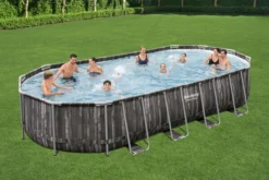 BESTWAY Power Steel Pool, Holz-Optik (dunkelgrau), TriTech, 732x366x122cm, Oval, Mit Filterpumpe, Leiter, Abdeckplane