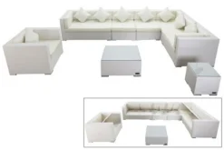 OUTFLEXX Loungemöbel-Set, Weiß, Polyrattan, Für 8 Personen, Inkl. Kaffeetisch, Wasserfeste Kissenbox
