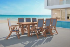 OUTFLEXX Esstischgarnitur, Natur/grau, FSC-Akazie/Textilene, Tisch 180/220/260 X 100 Cm, 8 Klappstühle, Ausziehbar