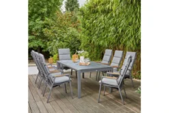 SIENA GARDEN Savona/Kingston Esstischgarnitur, Matt Graphit/grau/slate Look, Alu/Teak/Keramik/Texfabric, Tisch 220/340x108 Cm, 8 Stapelsessel