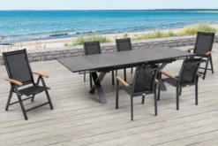 OUTFLEXX Esstischgarnitur, OUTFLEXX® Anthrazit Matt, Alu /HPL / Teak, Tisch 180/280x100cm, 4 Stapelsessel, 2 Multipo