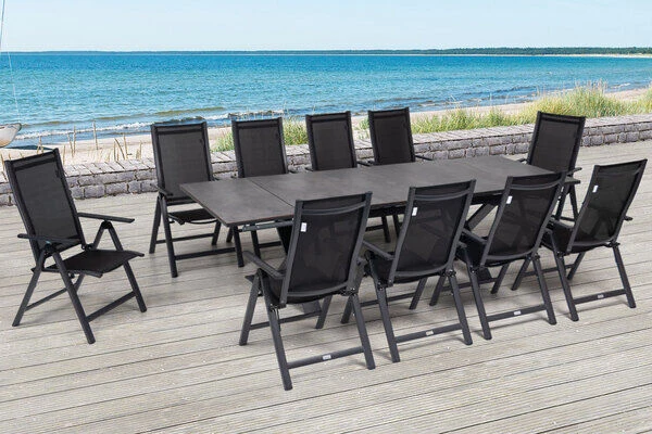 OUTFLEXX Esstischgarnitur, OUTFLEXX® Anthrazit Matt, Alu / HPL / Textil, Tisch 180/280x100cm, 10 Multipositionssessel 1 OUTFLEXX Esstischgarnitur, OUTFLEXX® Anthrazit Matt, Alu / HPL / Textil, Tisch 180/280x100cm, 10 Multipositionssessel