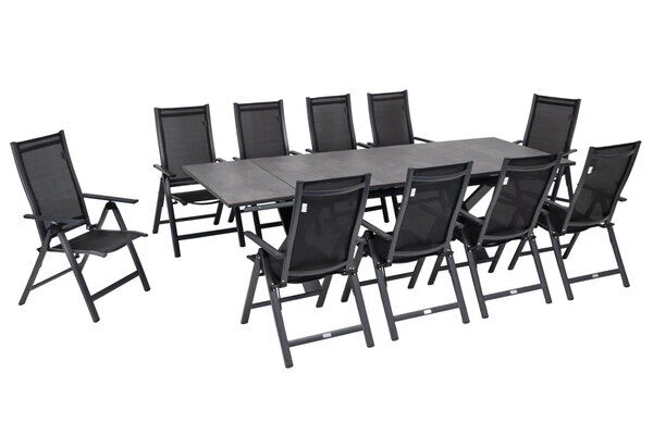 OUTFLEXX Esstischgarnitur, OUTFLEXX® Anthrazit Matt, Alu / HPL / Textil, Tisch 180/280x100cm, 10 Multipositionssessel 2 OUTFLEXX Esstischgarnitur, OUTFLEXX® Anthrazit Matt, Alu / HPL / Textil, Tisch 180/280x100cm, 10 Multipositionssessel – Bild 2