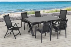 OUTFLEXX Esstischgarnitur, OUTFLEXX® Anthrazit Matt, Alu / HPL / Textil, Tisch 180/280x100cm, 4 Stapelsessel, 2 Multipo