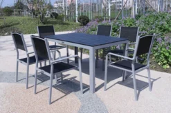 VILLANA Esstischgarnitur, Silber/schwarz, Alu/Holzimitat/Textil, Tisch 150x90cm, 6 Stapelsessel