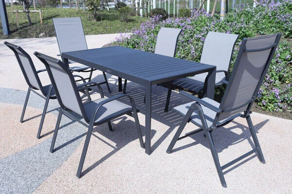 VILLANA Esstischgruppe, Anthrazit/grau, Alu/Textilene, Tisch 130/180x90cm, 4 Stapelsessel, 2 Multipo 1 VILLANA Esstischgruppe, Anthrazit/grau, Alu/Textilene, Tisch 130/180x90cm, 4 Stapelsessel, 2 Multipo