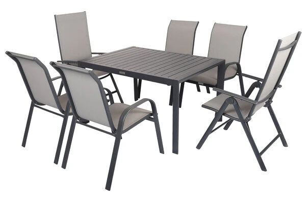 VILLANA Esstischgruppe, Anthrazit/grau, Alu/Textilene, Tisch 130/180x90cm, 4 Stapelsessel, 2 Multipo 2 VILLANA Esstischgruppe, Anthrazit/grau, Alu/Textilene, Tisch 130/180x90cm, 4 Stapelsessel, 2 Multipo – Bild 2