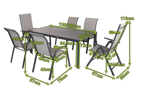 VILLANA Esstischgruppe, Anthrazit/grau, Alu/Textilene, Tisch 130/180x90cm, 4 Stapelsessel, 2 Multipo 5 VILLANA Esstischgruppe, Anthrazit/grau, Alu/Textilene, Tisch 130/180x90cm, 4 Stapelsessel, 2 Multipo – Bild 5