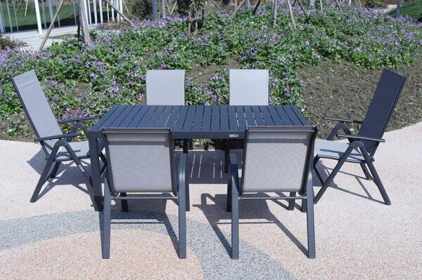 VILLANA Esstischgruppe, Anthrazit/grau, Alu/Textilene, Tisch 130/180x90cm, 4 Stapelsessel, 2 Multipo 7 VILLANA Esstischgruppe, Anthrazit/grau, Alu/Textilene, Tisch 130/180x90cm, 4 Stapelsessel, 2 Multipo – Bild 7