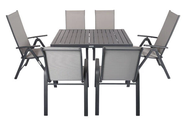 VILLANA Esstischgruppe, Anthrazit/grau, Alu/Textilene, Tisch 130/180x90cm, 4 Stapelsessel, 2 Multipo 8 VILLANA Esstischgruppe, Anthrazit/grau, Alu/Textilene, Tisch 130/180x90cm, 4 Stapelsessel, 2 Multipo – Bild 8