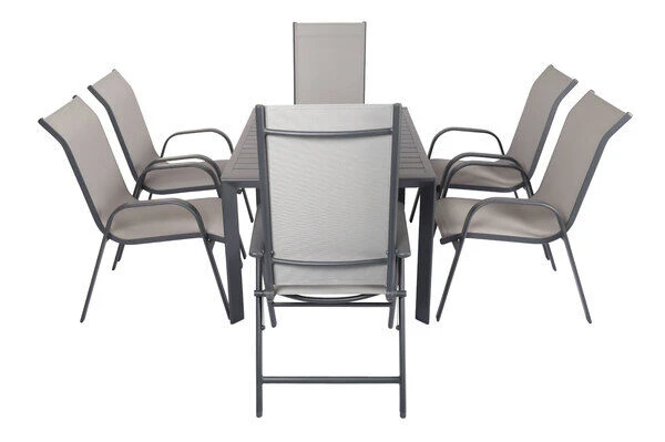 VILLANA Esstischgruppe, Anthrazit/grau, Alu/Textilene, Tisch 130/180x90cm, 4 Stapelsessel, 2 Multipo 10 VILLANA Esstischgruppe, Anthrazit/grau, Alu/Textilene, Tisch 130/180x90cm, 4 Stapelsessel, 2 Multipo – Bild 10