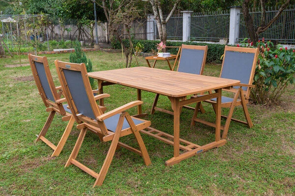 OUTFLEXX Sitzgruppe, Natur/grau, Akazie/Textilene, Ausziehtisch 150/200 X 90 Cm, 4 Multipo 5-fach 1 OUTFLEXX Sitzgruppe, Natur/grau, Akazie/Textilene, Ausziehtisch 150/200 X 90 Cm, 4 Multipo 5-fach