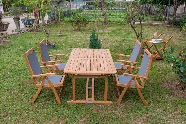 OUTFLEXX Sitzgruppe, Natur/grau, Akazie/Textilene, Ausziehtisch 150/200 X 90 Cm, 4 Multipo 5-fach 6 OUTFLEXX Sitzgruppe, Natur/grau, Akazie/Textilene, Ausziehtisch 150/200 X 90 Cm, 4 Multipo 5-fach – Bild 6