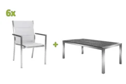 STERN Esstischgarnitur, Silber/grau, Edelstahl/Textilene, Tisch 200 X 100 Cm, 2 Teilige Tischplatte, 6 Stapelsessel, Padded