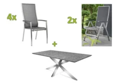 STERN Esstischgarnitur, Silbergrau/grau, Edelstahl/Textilene, Tisch 200 X 100 Cm, 4 Stapelsessel, Hohe Rückenlehne, 2 Multipo