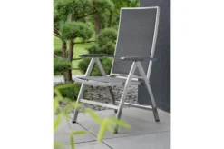 STERN Esstischgarnitur, Silbergrau/grau, Edelstahl/Textilene, Tisch 200 X 100 Cm, 4 Stapelsessel, Hohe Rückenlehne, 2 Multipo -Deko Garten Verkauf 22911 04.jpg